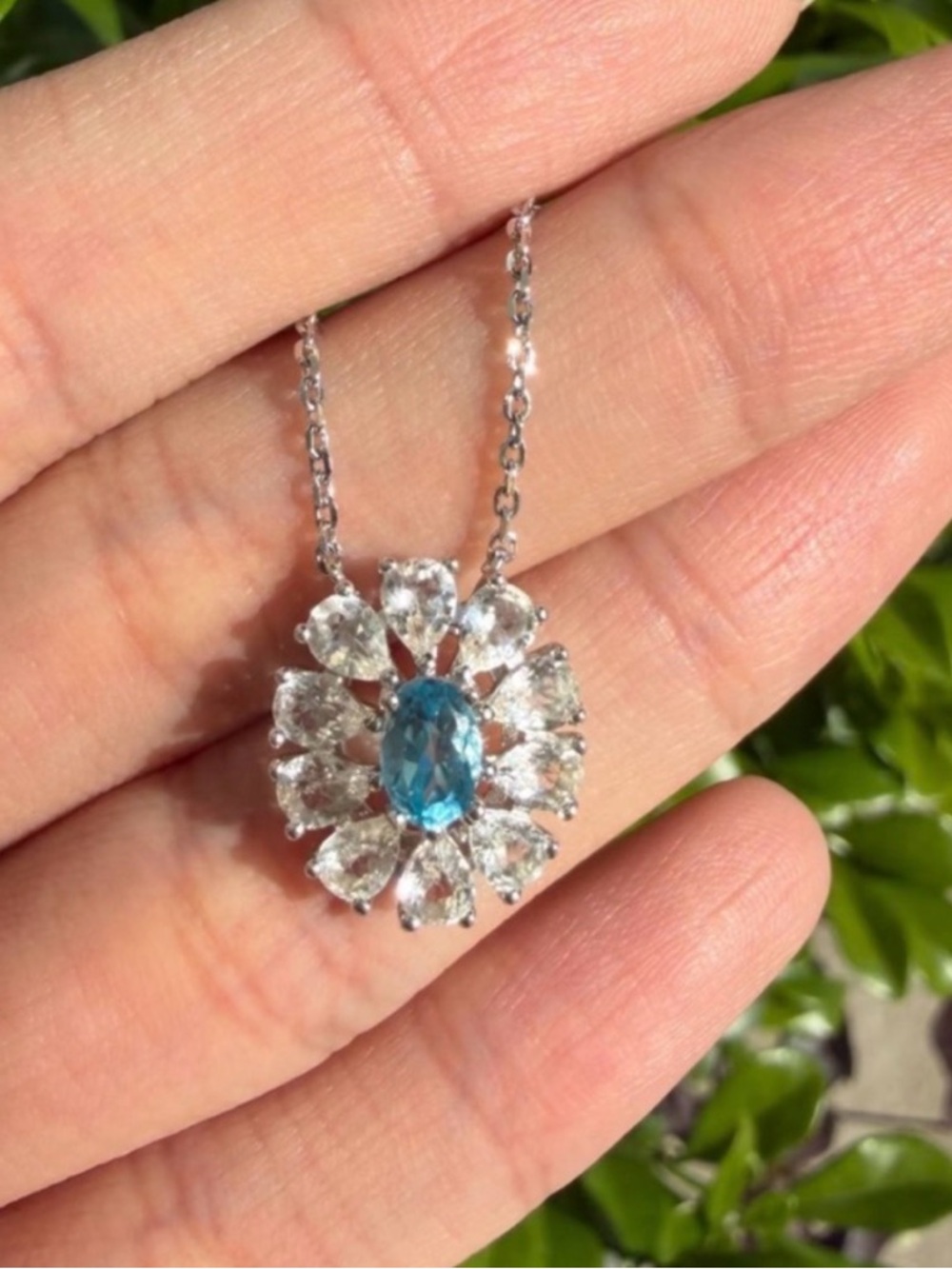 Blue Topaz and Clear Crystal Halo Pendant Necklace